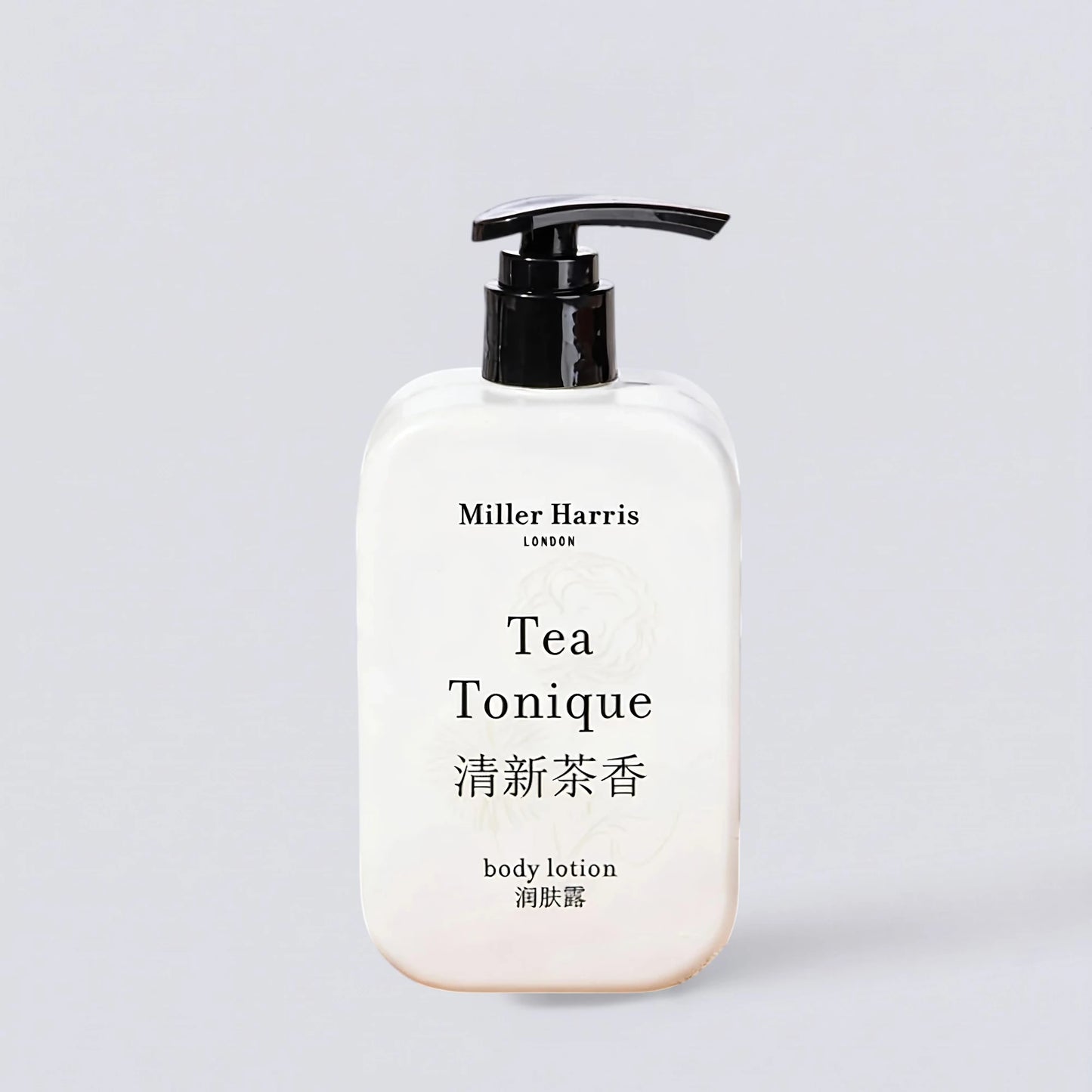 Miller Harris Tea Tonique Body Lotion 340ml, the sophisticated fragrance of luxury boutique hotels. Silky smooth body cream with earl grey notes by Luxe Hotel Essentials.