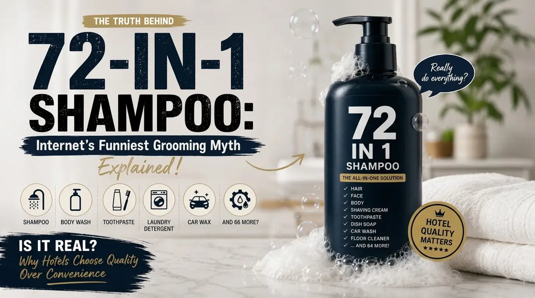 A bottle labeled 72-in-1 shampoo that humorously claims to work for everything from body wash to car wax, representing a satirical take on multi-purpose products.