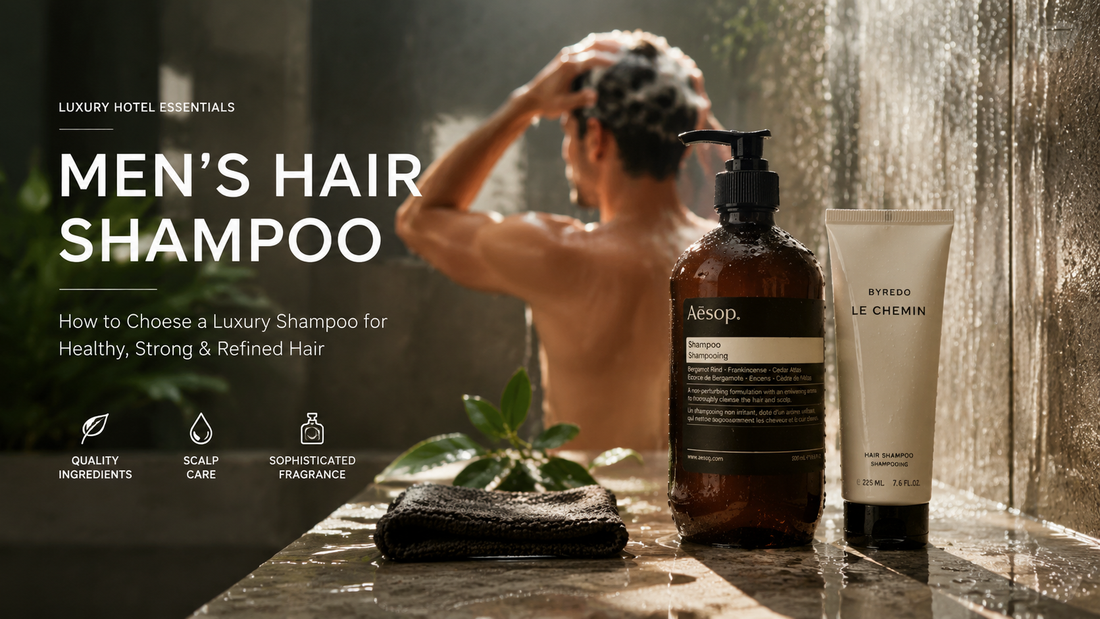 Luxury men's hair shampoo in a five-star hotel bathroom, showcasing premium grooming products and a refined shower experience.