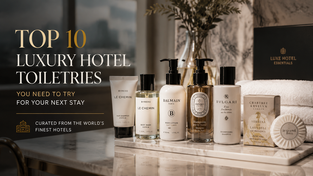 Luxury hotel toiletries collection featuring premium shampoo, conditioner, body wash, and bath amenities from renowned brands displayed on a marble bathroom vanity in an elegant five-star hotel setting.