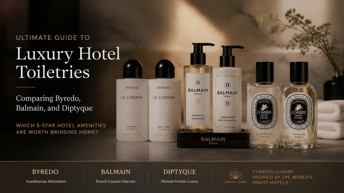 Luxury hotel toiletries comparison featuring Byredo, Balmain, and Diptyque premium amenities in an elegant five-star bathroom setting