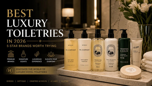 Luxury hotel toiletries from premium brands displayed in an elegant 5-star bathroom
