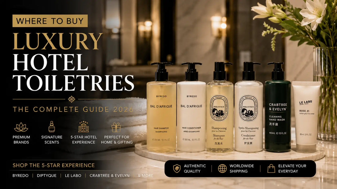 Luxury hotel toiletries from Byredo, Diptyque, Le Labo, and Crabtree & Evelyn displayed in a premium hotel bathroom