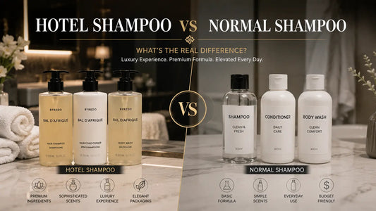 Luxury hotel shampoo vs normal shampoo comparison in a modern 5-star hotel bathroom
