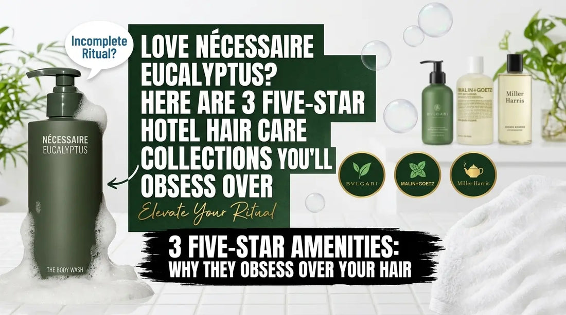 Luxury hotel hair care products and Nécessaire Eucalyptus body care collection on a clean, modern shelf for a spa-like experience.
