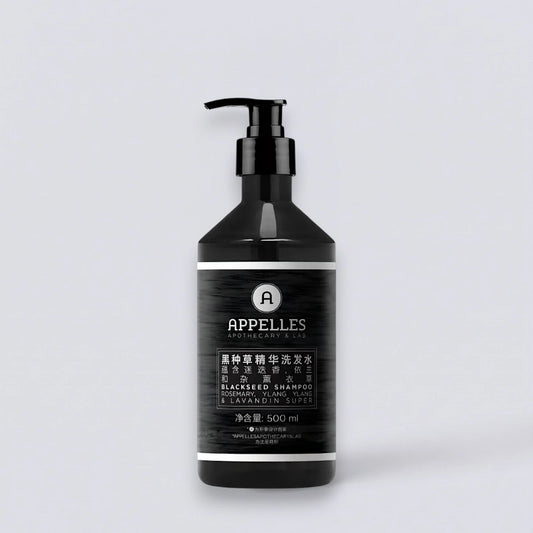 APPELLES Blackseed Shampoo 500ml, inspired by the signature aromatherapy of Langham Hotels. Nourishing rosemary and ylang ylang hair care by Luxe Hotel Essentials.