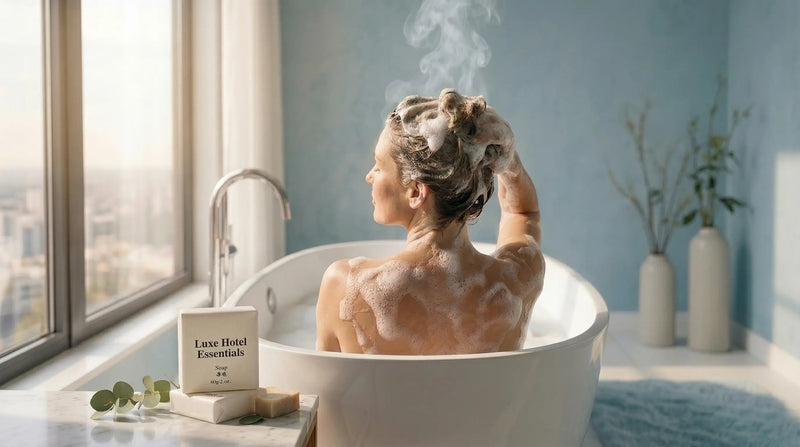 Indulge in a serene spa experience with Luxe Hotel Essentials, featuring premium luxury hotel toiletries including a beautifully packaged soap bar to elevate your daily routine.