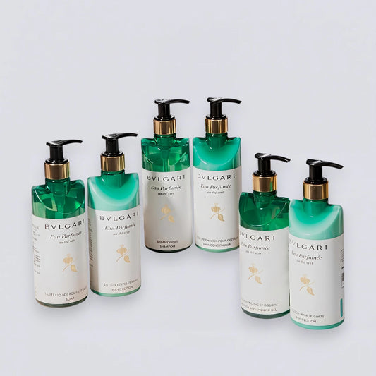 Complete Bvlgari Green Tea 300ml Collection Set, the full Bvlgari Hotel guest room experience curated by Luxe Hotel Essentials.