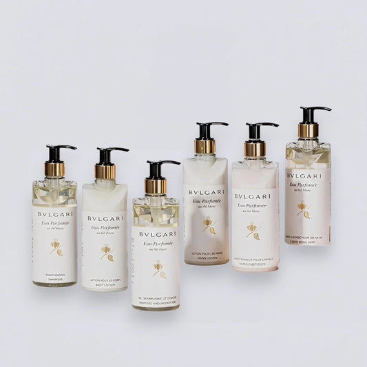 Complete Bvlgari White Tea 300ml Collection Set, the ultimate Zen-like Bvlgari Hotel experience curated by Luxe Hotel Essentials.