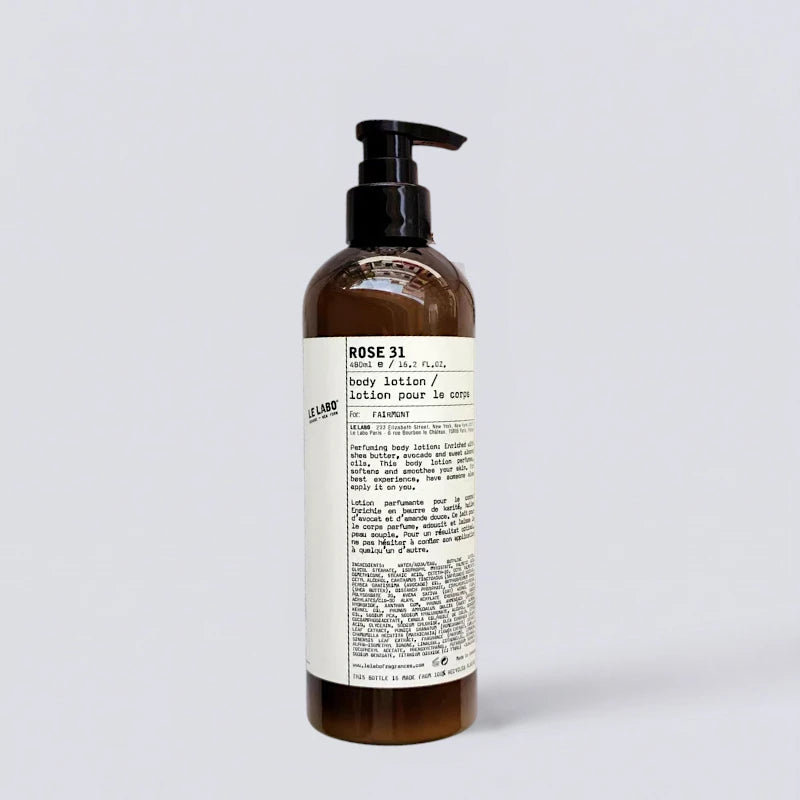 Le Labo Rose 31 Body Lotion 480ml, the elegant signature scent of EDITION. Silky smooth body cream with spicy floral notes by Luxe Hotel Essentials.