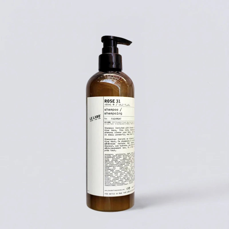 Le Labo Rose 31 Shampoo 480ml, the iconic woody floral scent of EDITION Hotels. Professional lab-style hair care by Luxe Hotel Essentials.