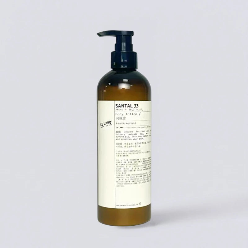 Le Labo Santal 33 Body Lotion 480ml, the legendary signature scent of EDITION. Silky smooth body cream with spicy woody notes by Luxe Hotel Essentials.