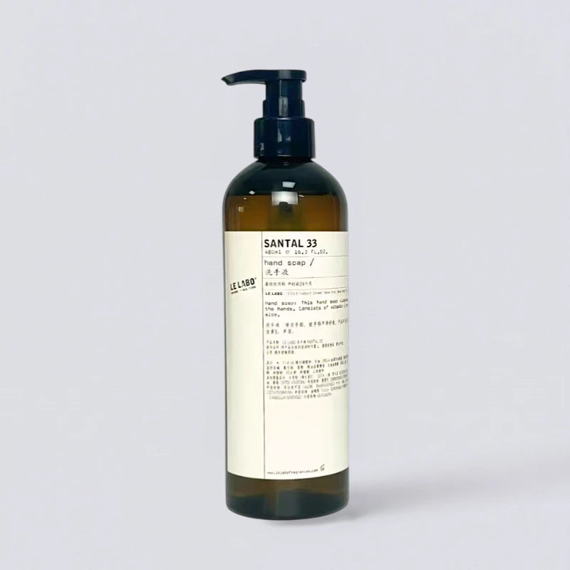Le Labo Santal 33 Hand Wash 480ml, luxury hotel bathroom essentials. Signature sophisticated "Santal 33" scent for hands by Luxe Hotel Essentials.
