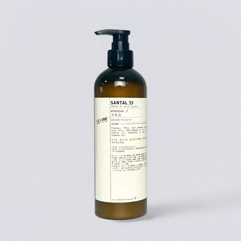 Le Labo Santal 33 Shampoo 480ml, the iconic woody scent of EDITION Hotels. Professional lab-style hair care by Luxe Hotel Essentials.