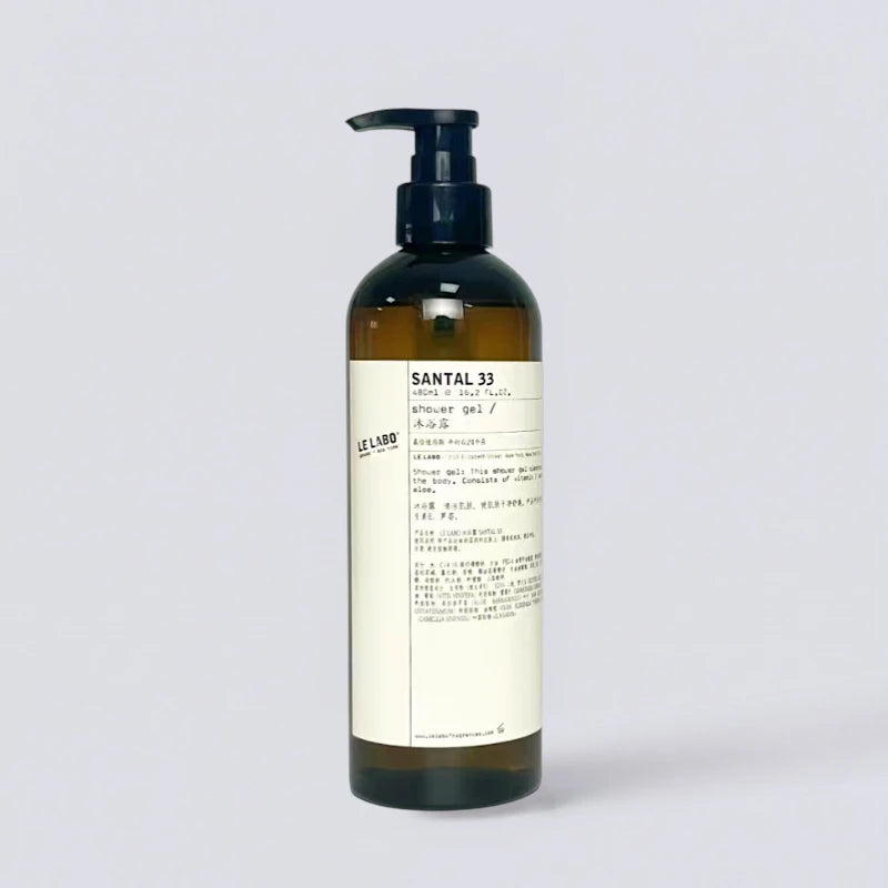 Le Labo Santal 33 Shower Gel 480ml, as featured in EDITION luxury suites. Signature sandalwood and leather body wash by Luxe Hotel Essentials.