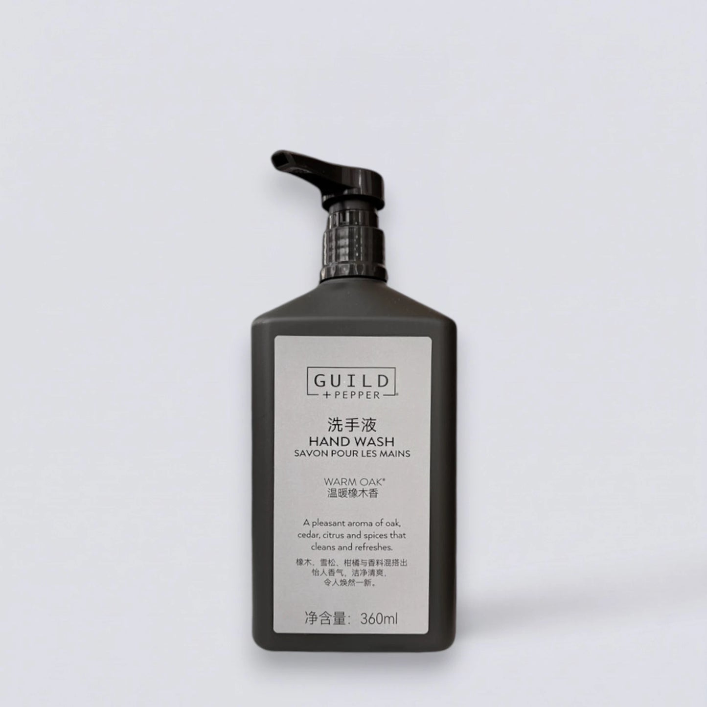 GUILD+PEPPER Hand Wash 360ml, luxury hotel bathroom essentials. Signature sophisticated "Guild" herbal scent for hands by Luxe Hotel Essentials.