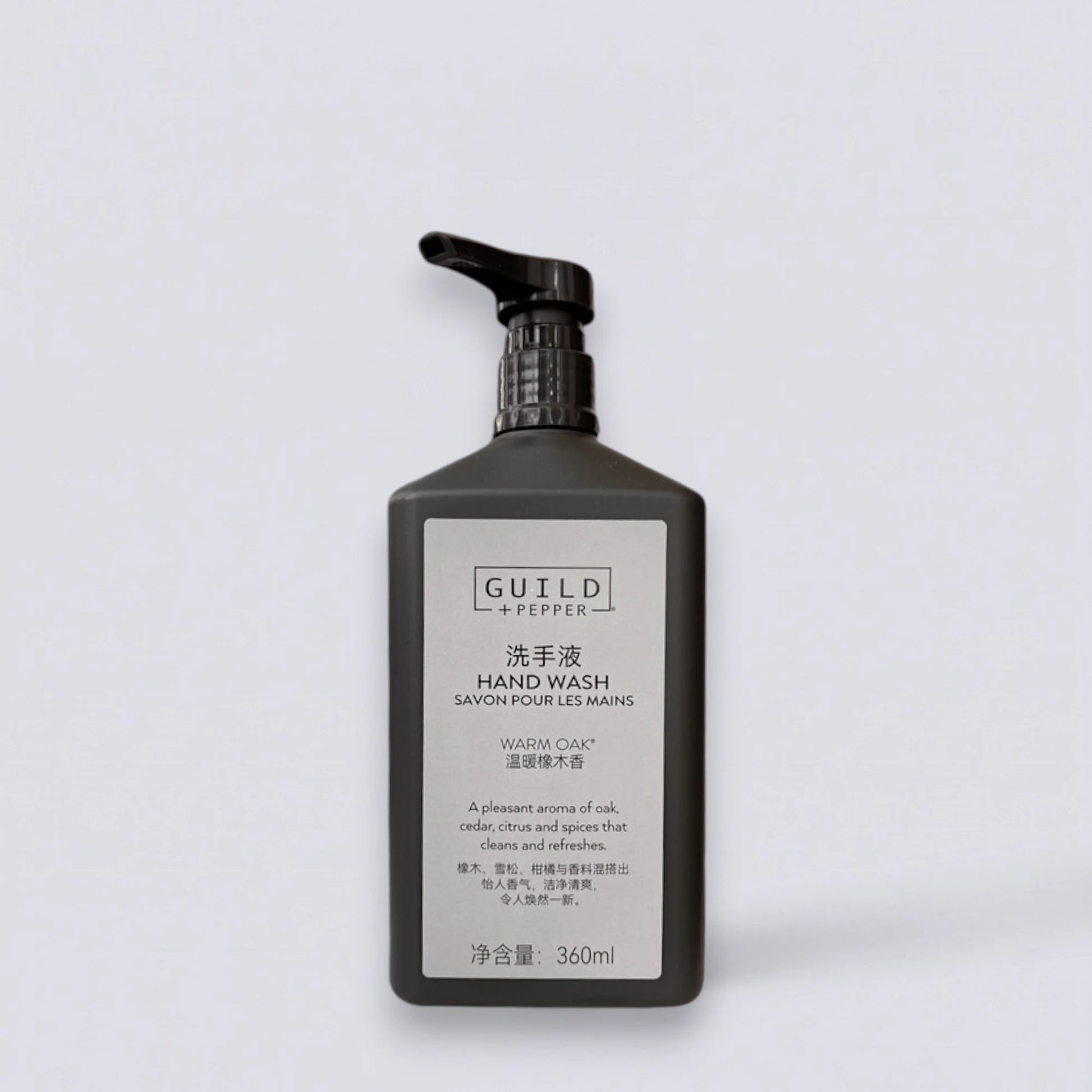GUILD+PEPPER Hand Wash 360ml, luxury hotel bathroom essentials. Signature sophisticated "Guild" herbal scent for hands by Luxe Hotel Essentials.
