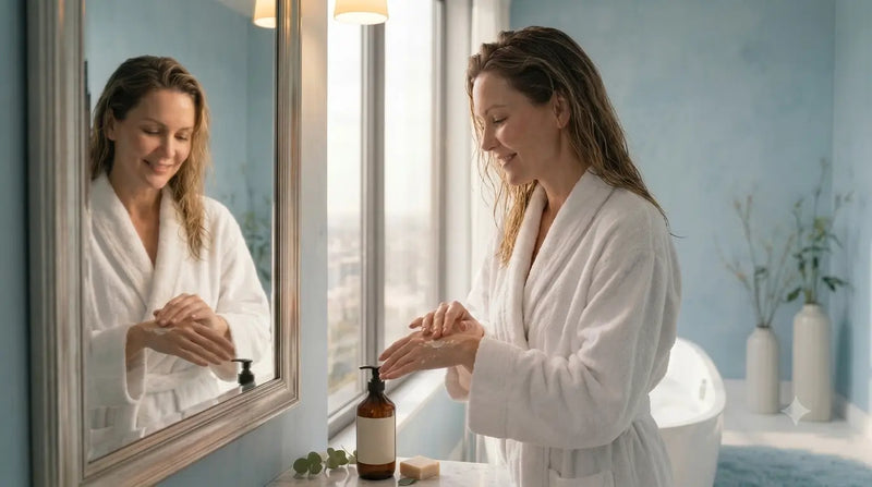 A woman in a bathrobe enjoys a moment of self-care using luxury hotel toiletries in a serene, spa-like bathroom setting.