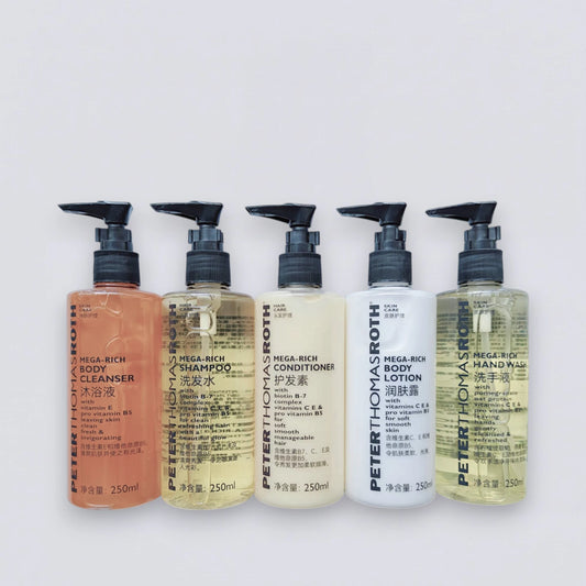 Complete Peter Thomas Roth Mega-Rich 250ml Collection Set, the ultimate Hilton Hotel "Vitamin Energy" experience curated by Luxe Hotel Essentials.
