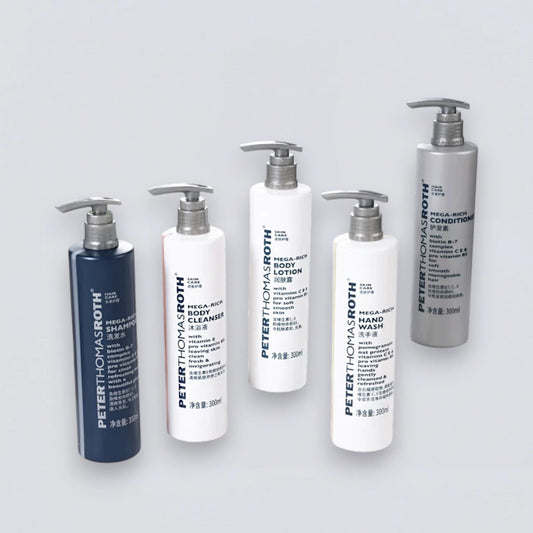 Complete Peter Thomas Roth Mega-Rich 300ml Collection Set, the full Hilton Hotel "Vitamin Therapy" experience curated by Luxe Hotel Essentials.