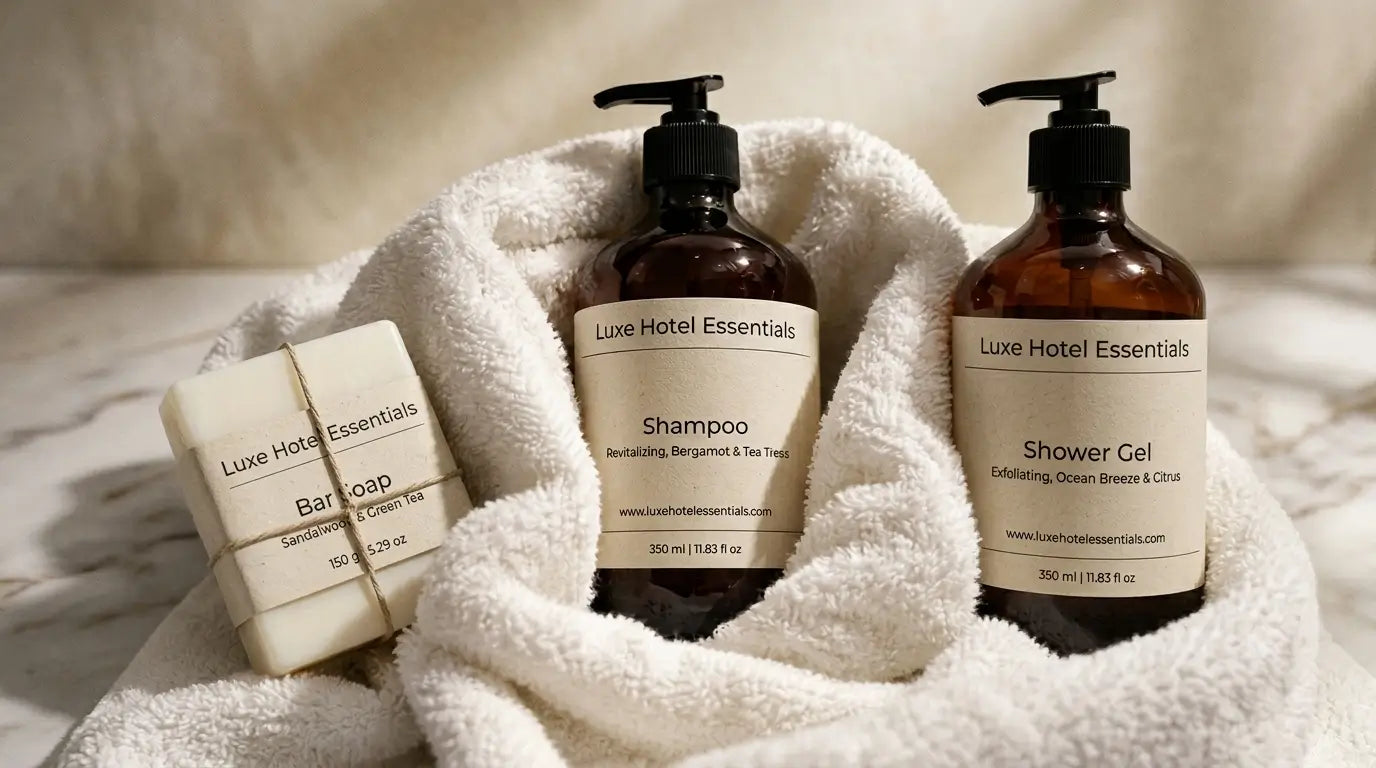 A curated collection of luxury hotel toiletries in amber pump bottles arranged on a minimalist organic cotton fabric background.