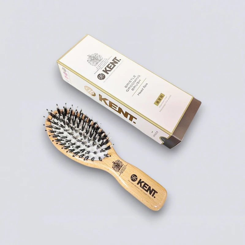 KENT England Luxury Bristle Grooming Brush, travel size. The Royal Warrant holder's iconic head spa and detangling brush for effortless hair care by Luxe Hotel Essentials.