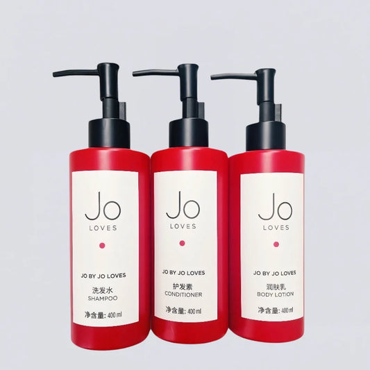 Complete Jo Loves Red Edition 400ml Collection Set, the full Marriott Hotel guest room experience in iconic red bottles, curated by Luxe Hotel Essentials.