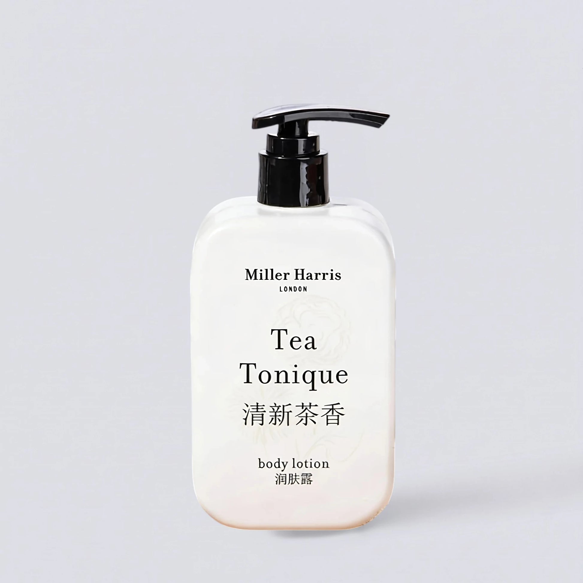 Miller Harris Tea Tonique Body Lotion 340ml, the sophisticated fragrance of luxury boutique hotels. Silky smooth body cream with earl grey notes by Luxe Hotel Essentials.
