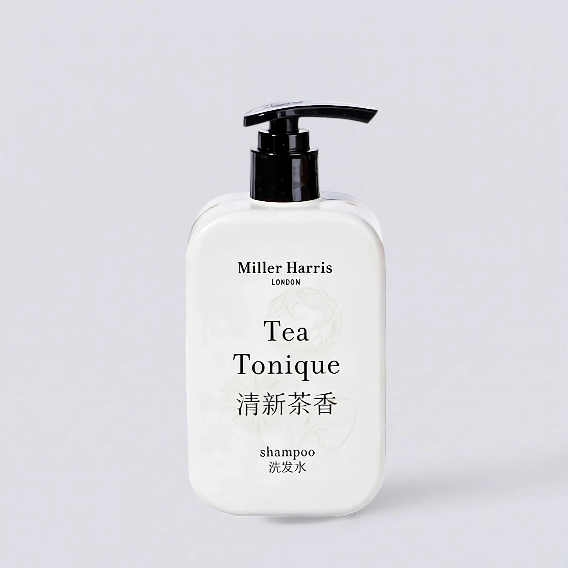 Miller Harris Tea Tonique Shampoo 340ml, inspired by the signature scent of EDITION Hotels. Revitalizing tea-infused hair care by Luxe Hotel Essentials.