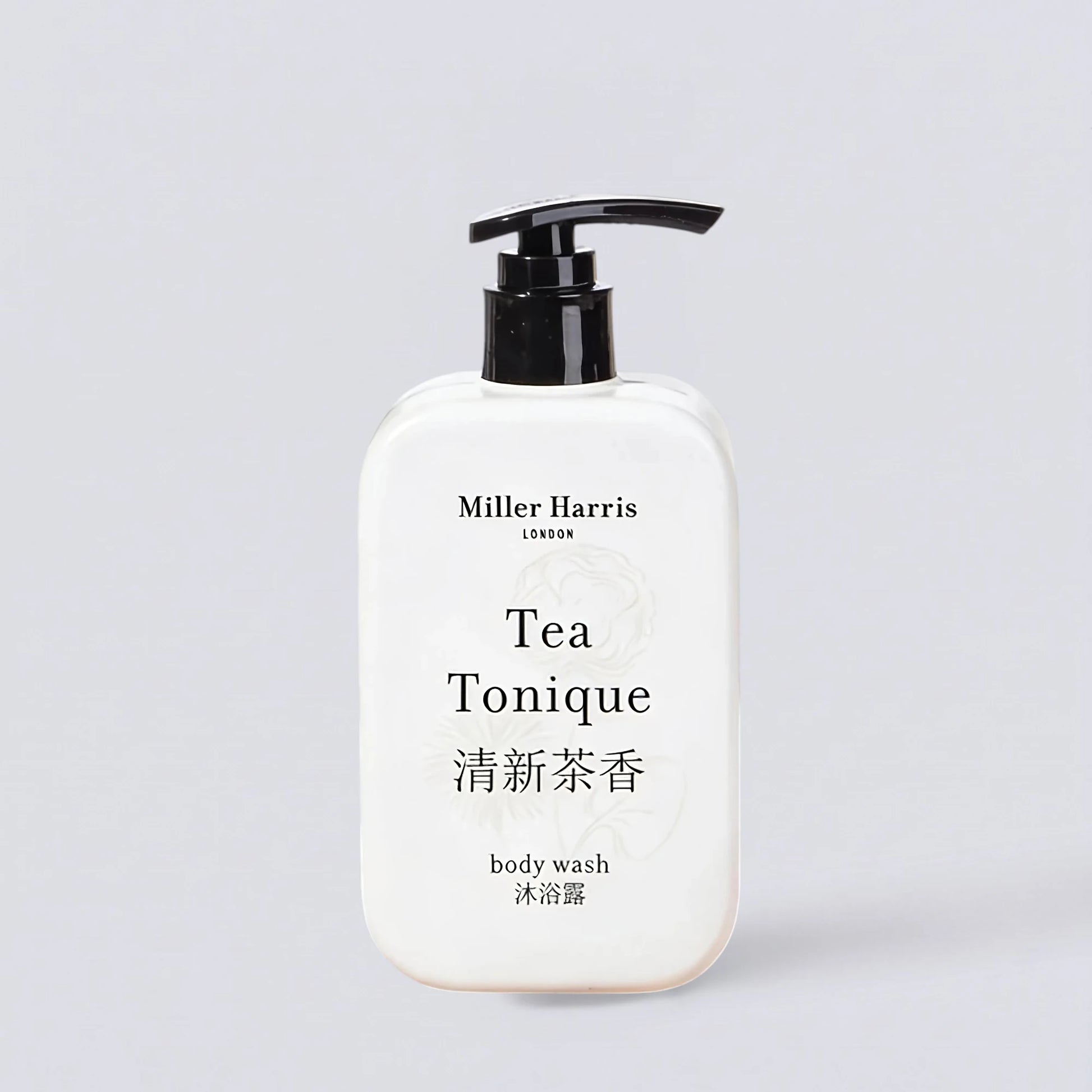 Miller Harris Tea Tonique Shower Gel 340ml, as featured in luxury hotel guest rooms. Refreshing Italian bergamot and floral tea body wash by Luxe Hotel Essentials.