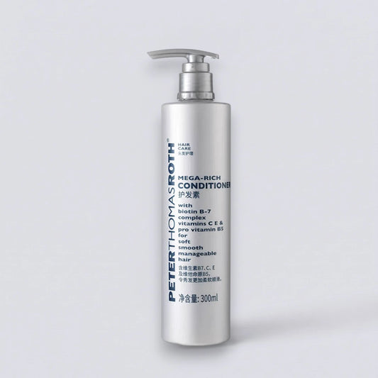 Peter Thomas Roth Mega-Rich Conditioner 300ml, premium hair repair inspired by Hilton luxury suites. Deeply nourishing megavitamin care by Luxe Hotel Essentials.